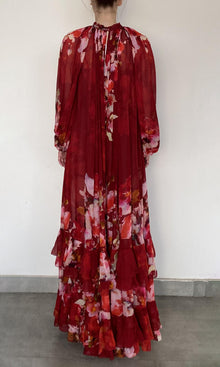 Hemant And Nandita | Tuhi Viscose Flat Chiffone Maxi Dress | Burgundy Multi
