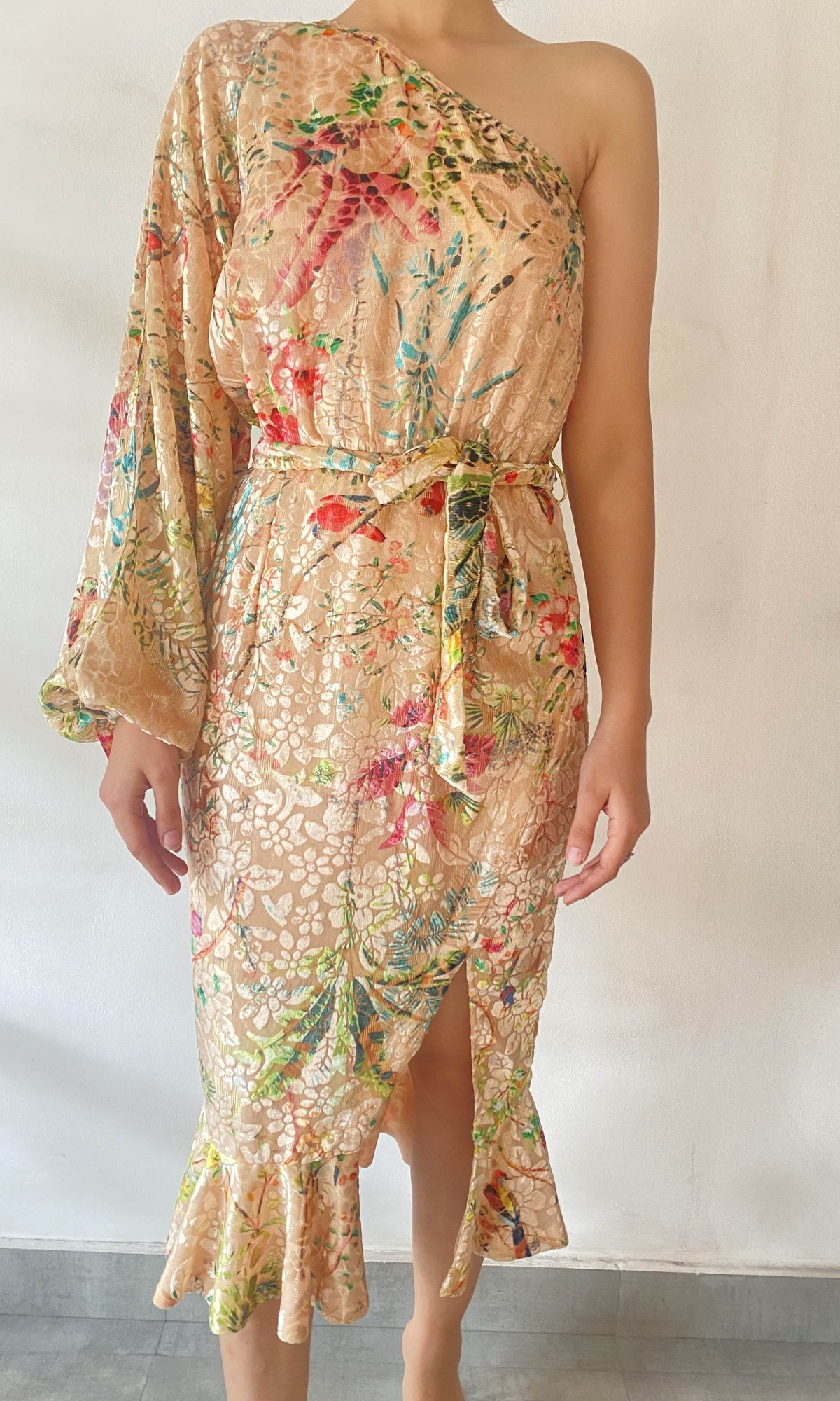 Womens | Veena Velvet Brasso Midi Dress | Peach Multi