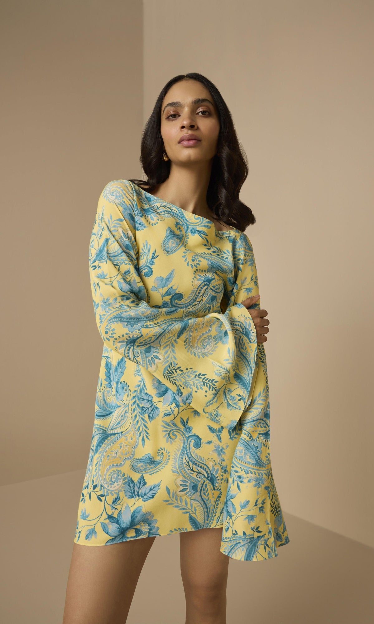 Hemant And Nandita | Wani Viscose Crepe Heavy Mini Bias Dress | Blue Yellow Multi