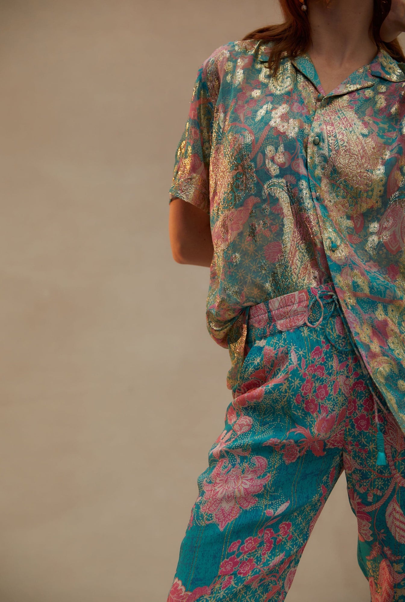 Hemant & Nandita | Xari Floral Pants | Cyan Metallic
