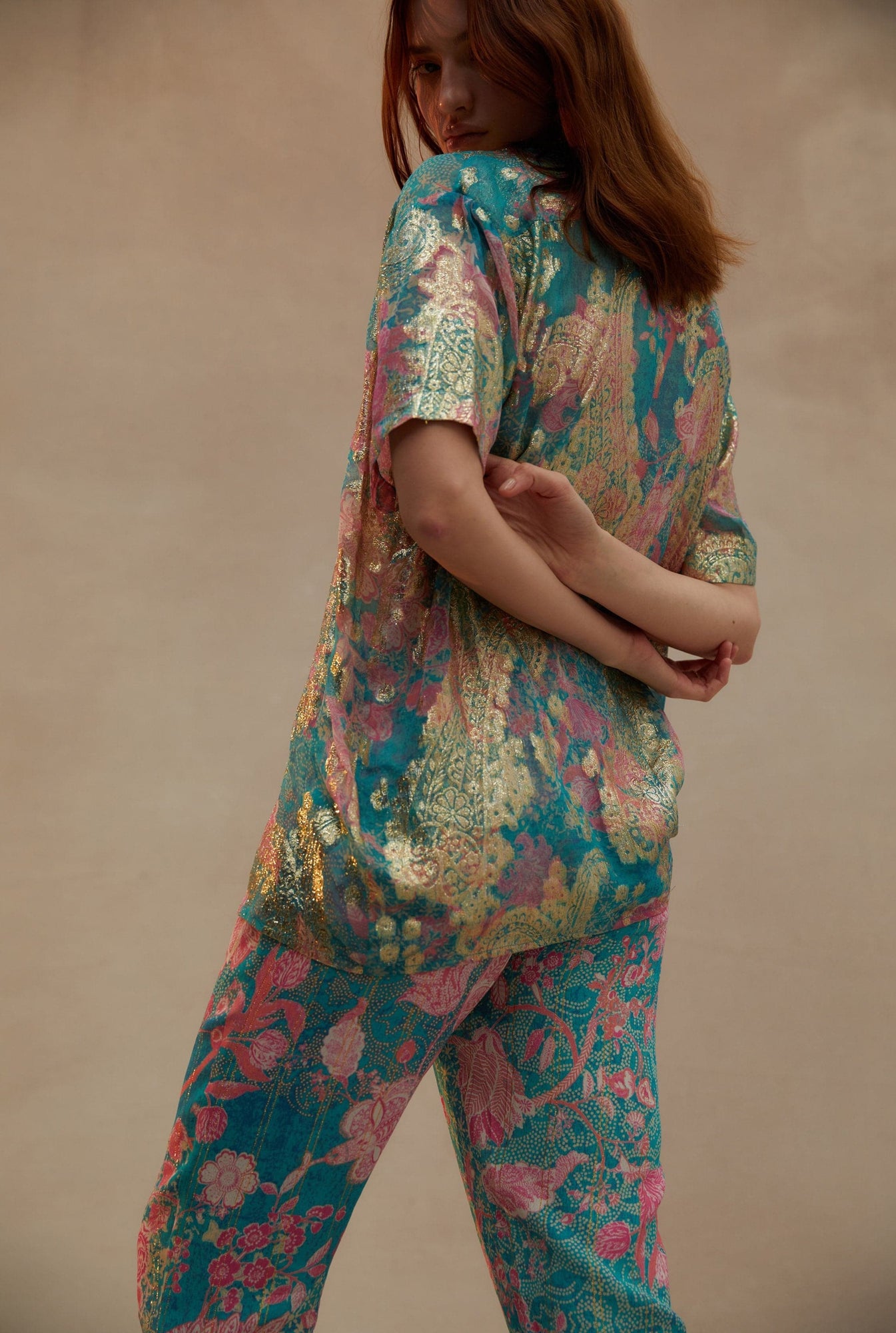 Hemant & Nandita | Xari Floral Pants | Cyan Metallic