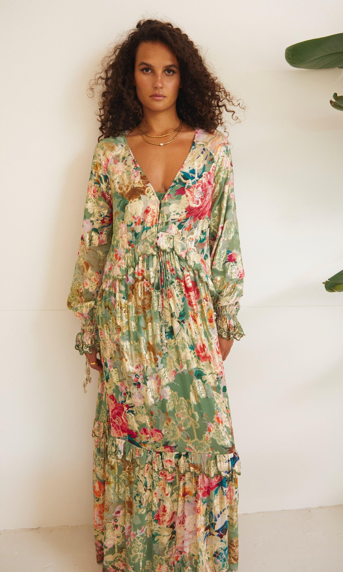 Womens | Zaria Viscose Shimmer Georgette Lurex Kaftan | Green