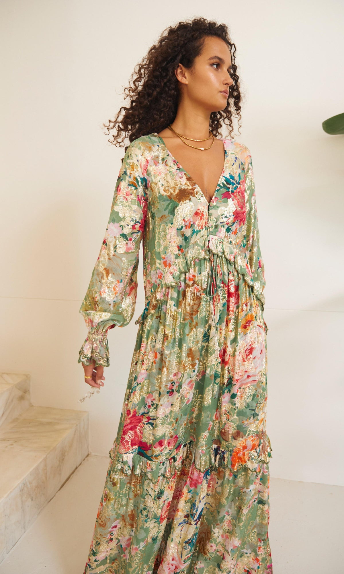 Womens | Zaria Viscose Shimmer Georgette Lurex Kaftan | Green