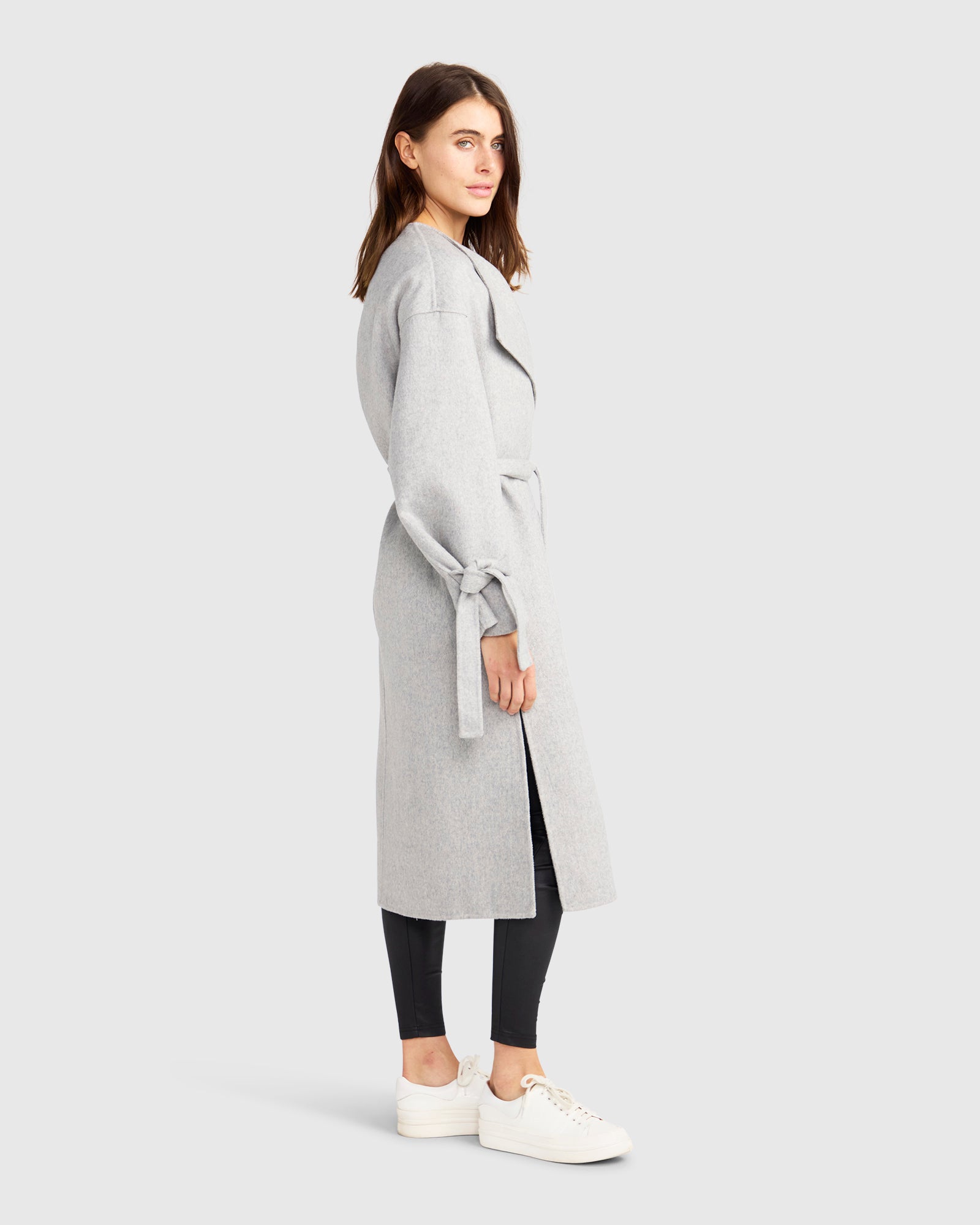Women | Head Over Heels Wool Blend Collarless Robe Coat | Grey Marle