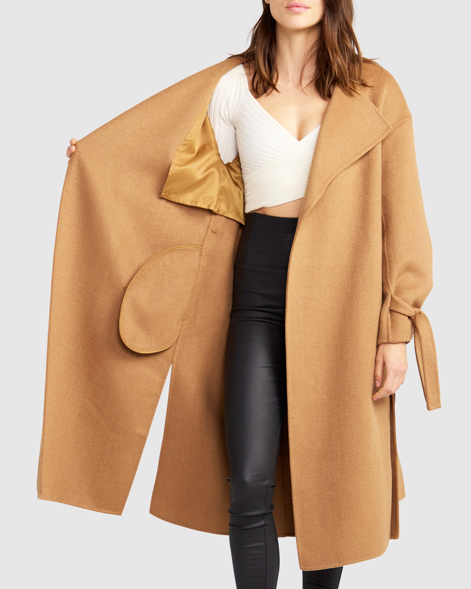 Women | Head Over Heels Wool Blend Collarless Robe Coat | Camel