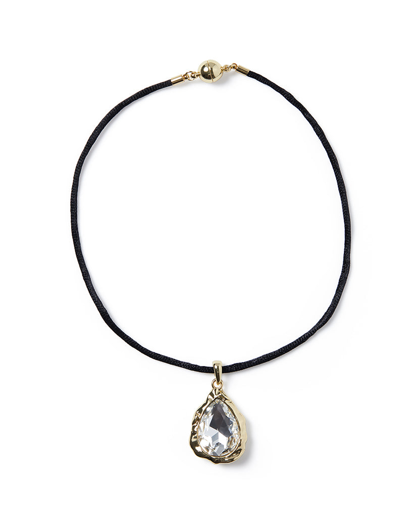 Bezeled Crystal Pear Pendant Necklace On Black Cord | Gold