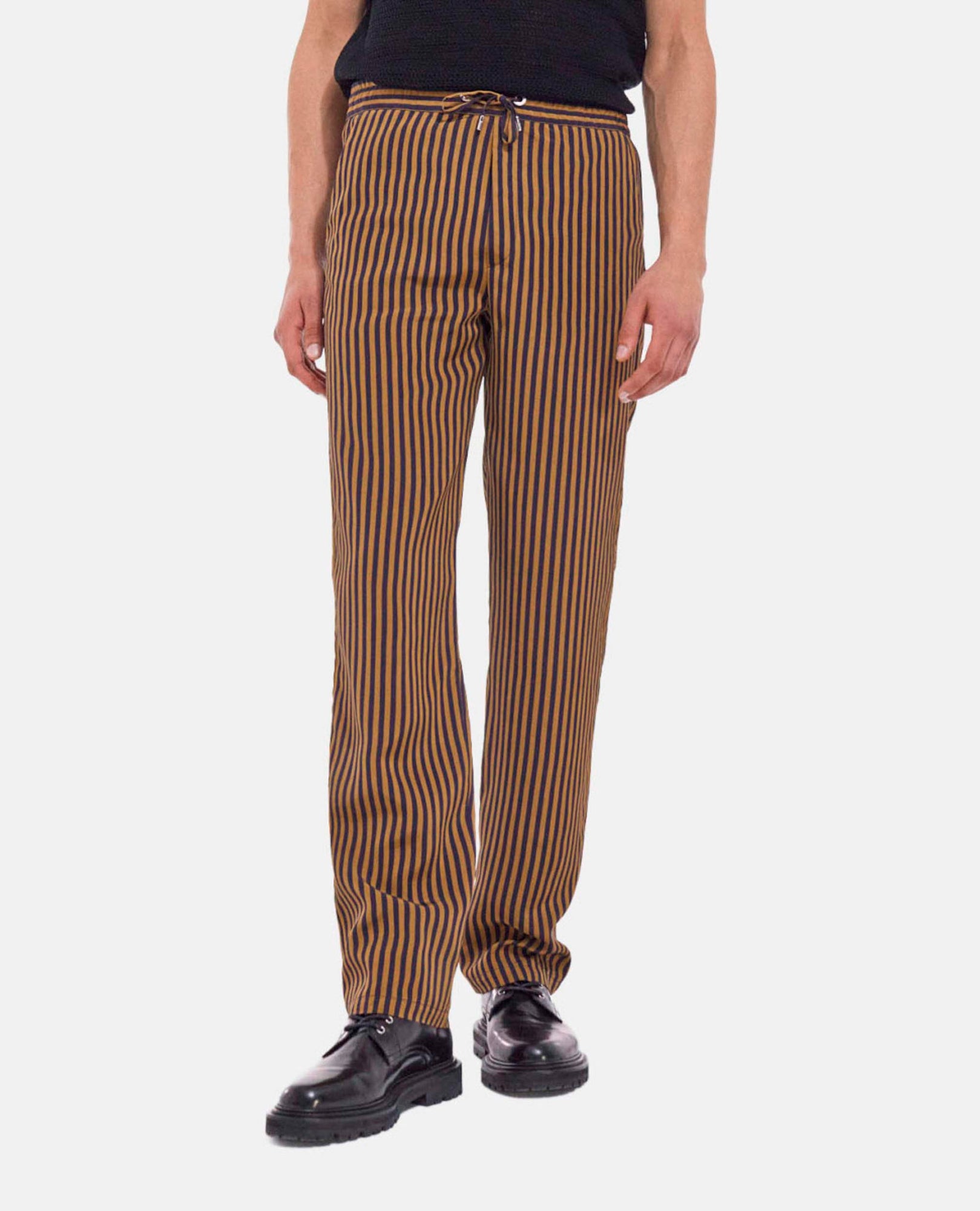 Flowing Straight-Cut Striped Blue Pants | Men | Navy x Brown