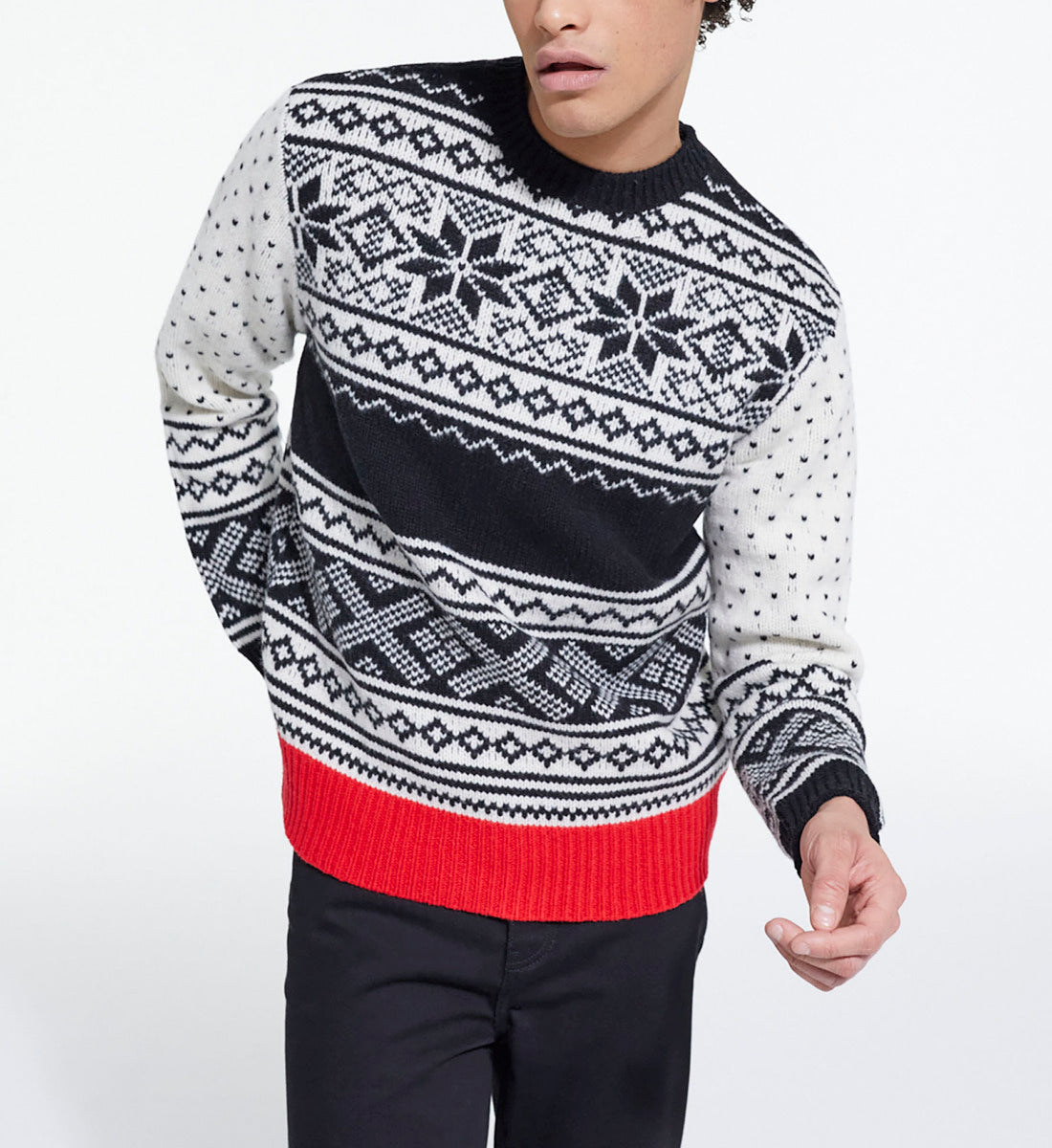 Patterned Wool Sweater | Men | Black Red Off White