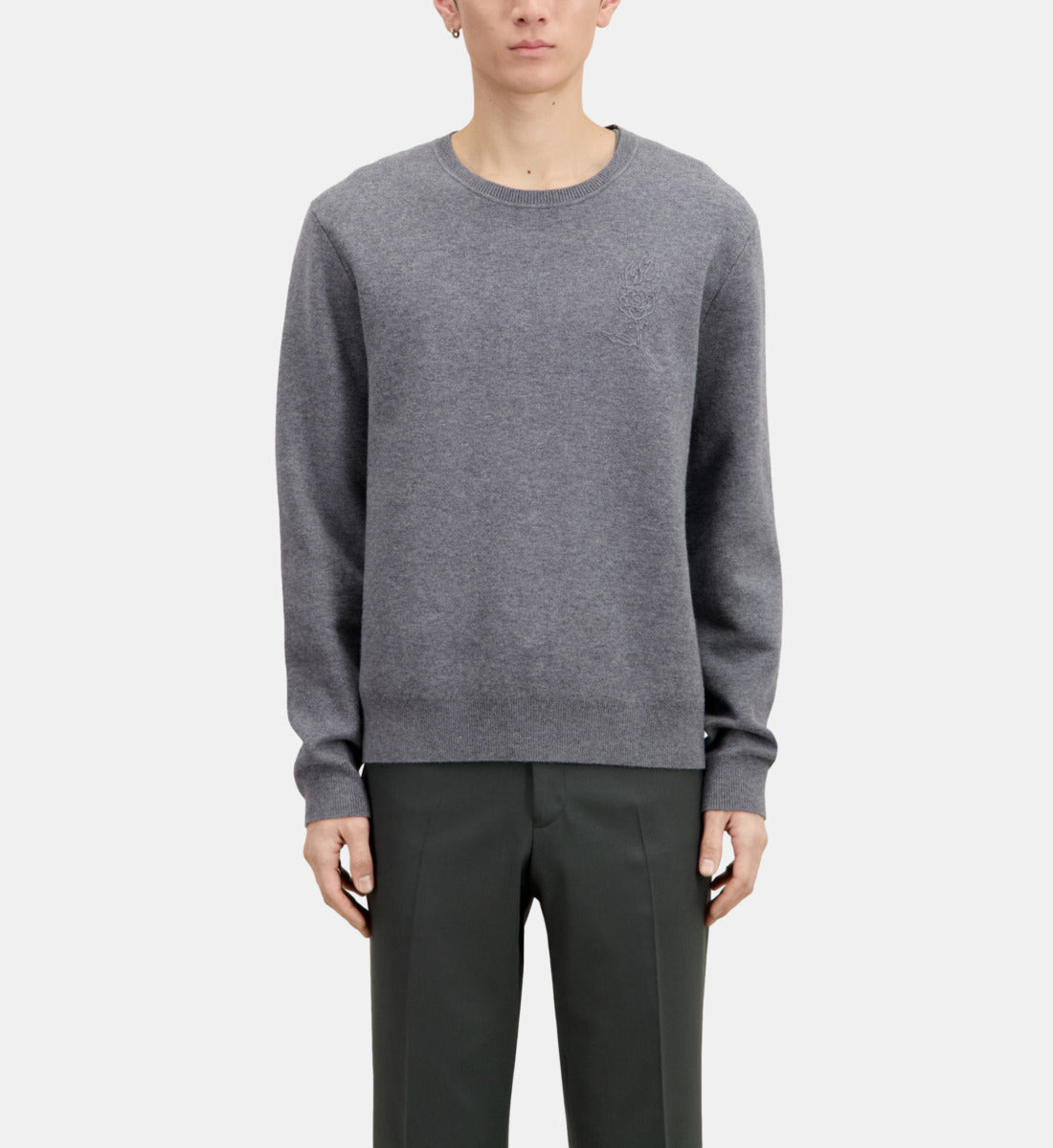 Wool Blend Sweater With Embroidery | Men | Melange Grey