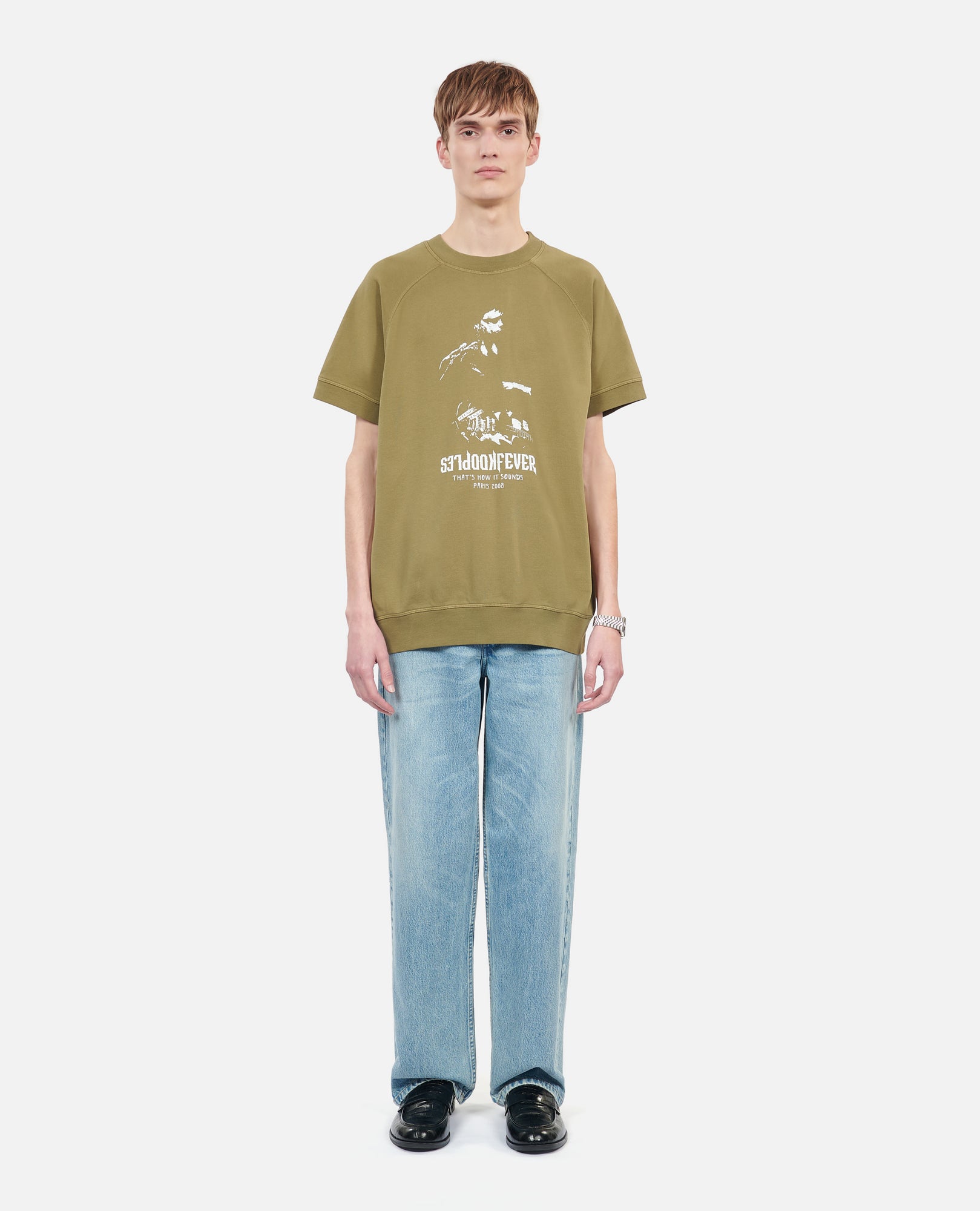 Khaki Short-Sleeved Sweatshirt Kooples Fever Serigraphy | Men | Olive