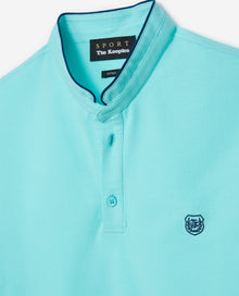 Collarless Cotton Polo With Blue Detailing | Men | Aqua Green x Petrole