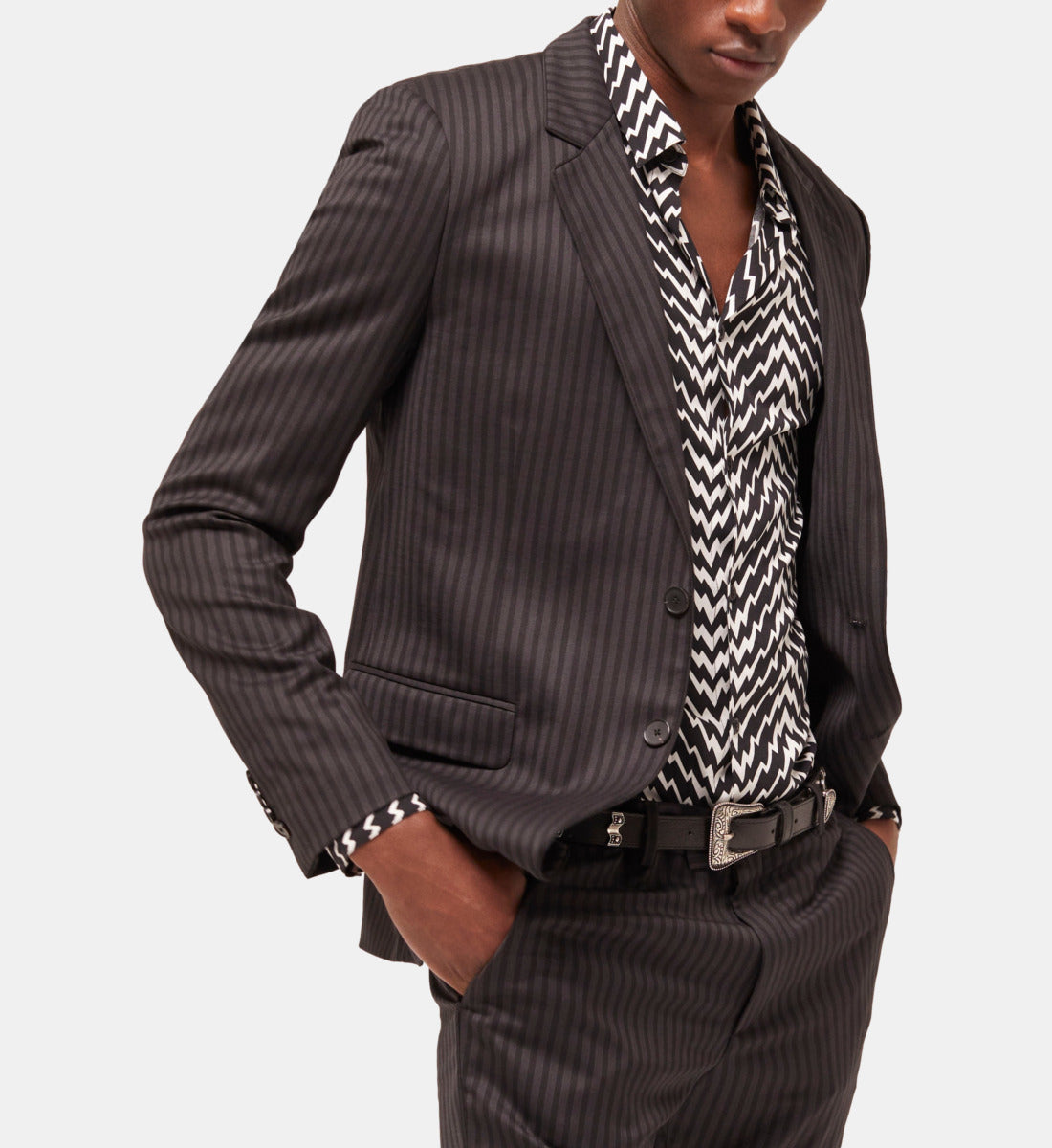 Striped Wool Suit Jacket | Men | Black Grey