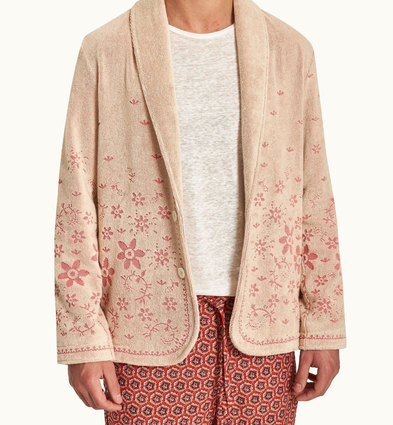 Hallburg Relaxed Fit Two-Button Floral Jacquard Towelling Blazer | White Sand