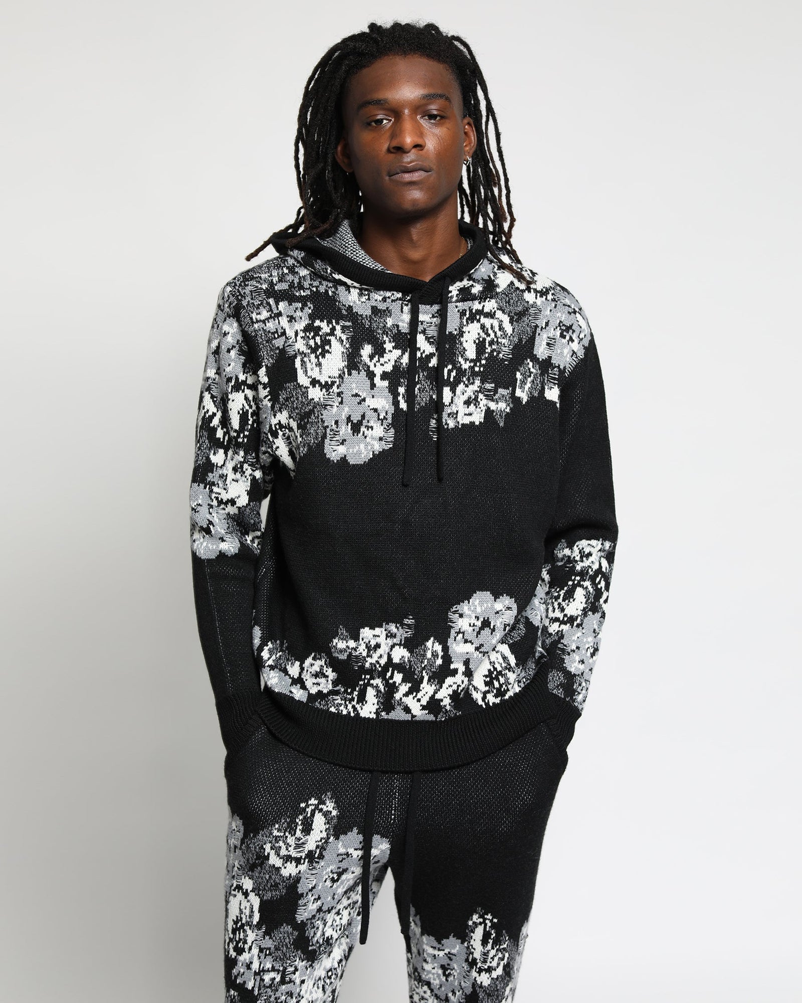 Hanging Floral Distressed Hoodie Sweater-Mens-Twenty