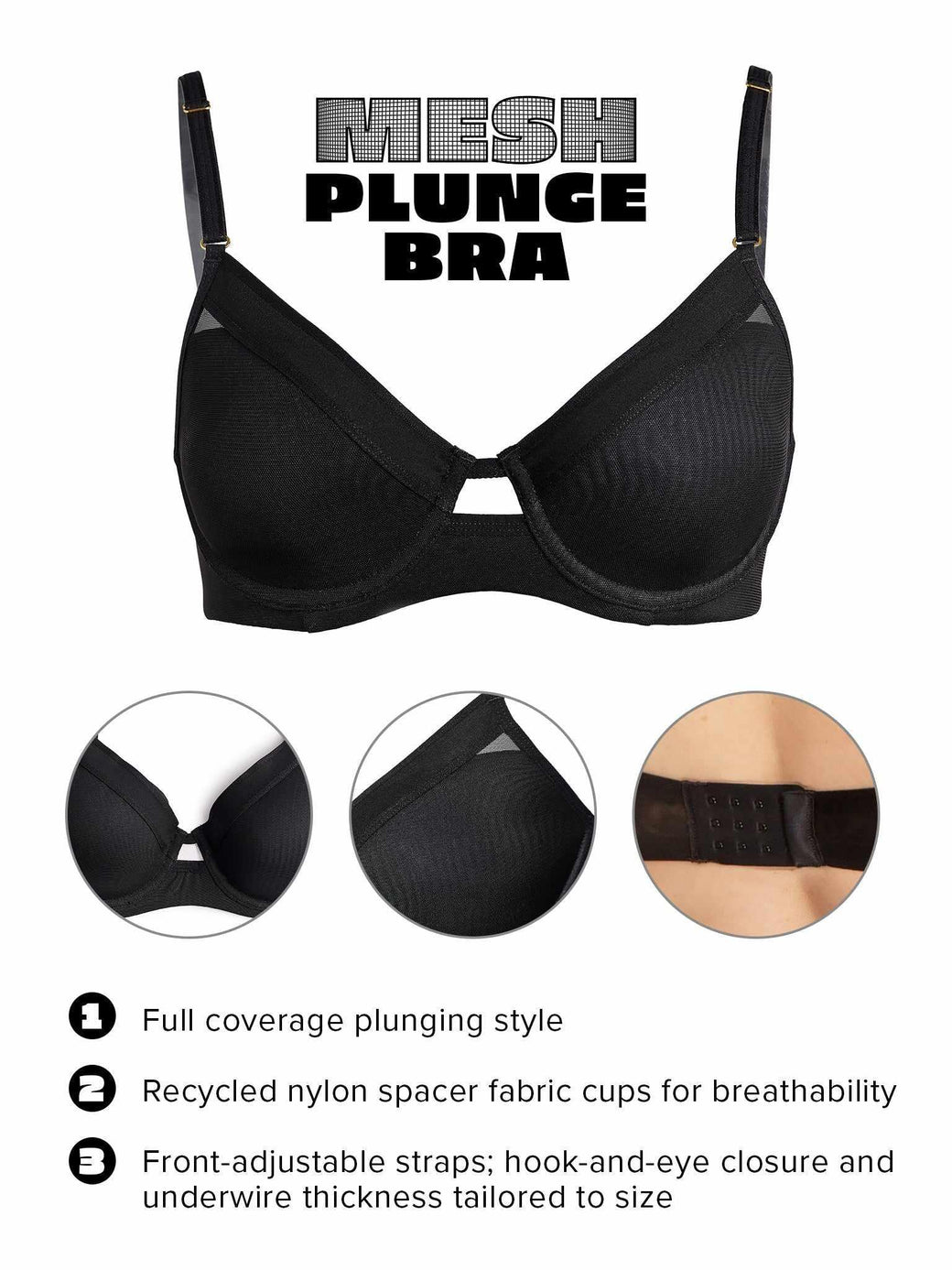 Lined Mesh Plunge Bra | Black