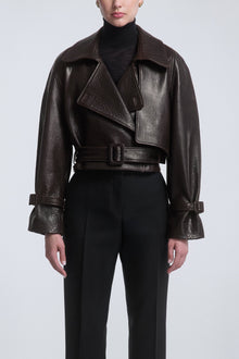 Model is Wearing the Nour Hammour Hatti Cropped Leather Jacket Rich Brown - Front