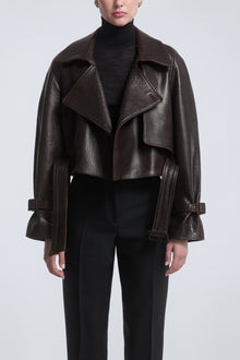 Model is Wearing the Nour Hammour Hatti Cropped Leather Jacket Rich Brown - Front Open