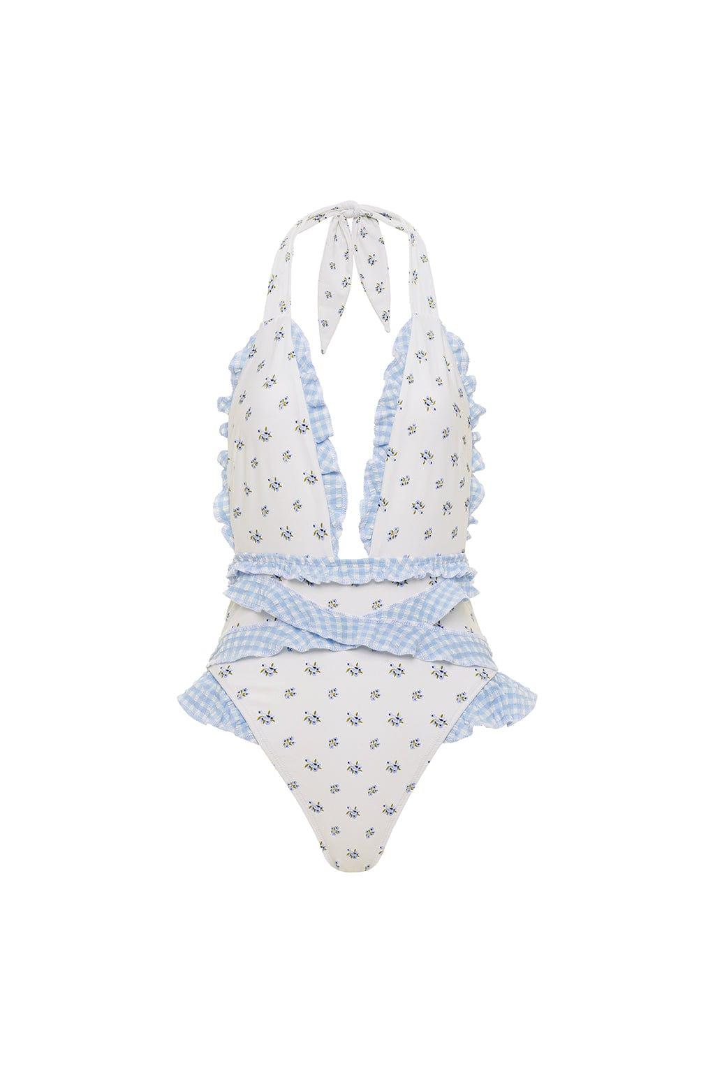 White one-piece swimsuit with small floral print and light blue gingham ruffle trim on halter neckline and sides.