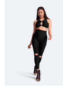 High-Rise Knee-Slit Leggings | Black