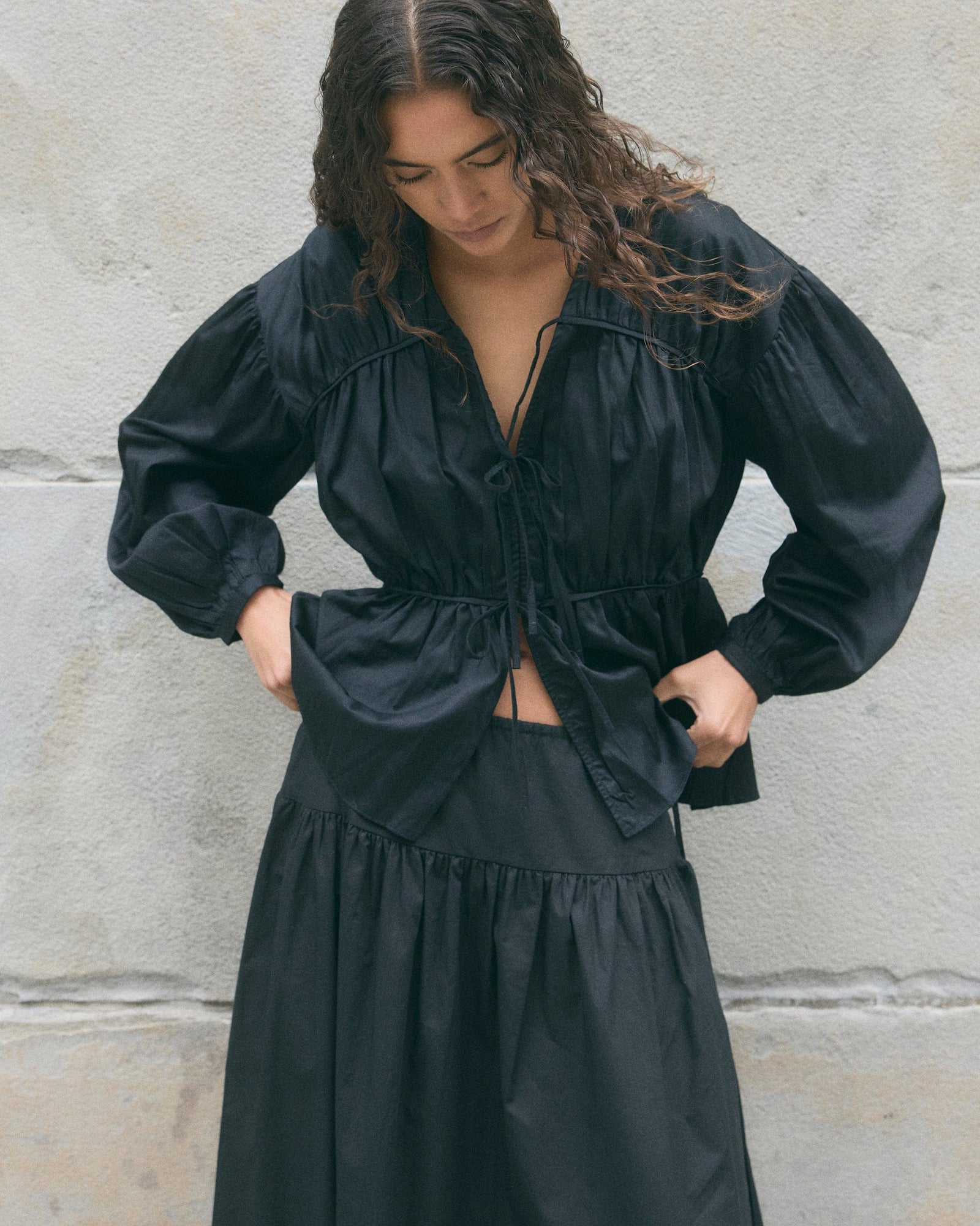 Hira Tie-Front Organic Cotton Blouse | Black