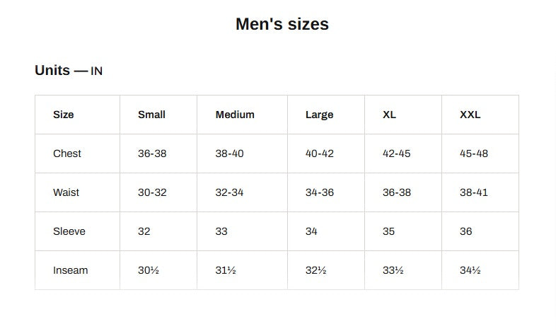 Product size guide