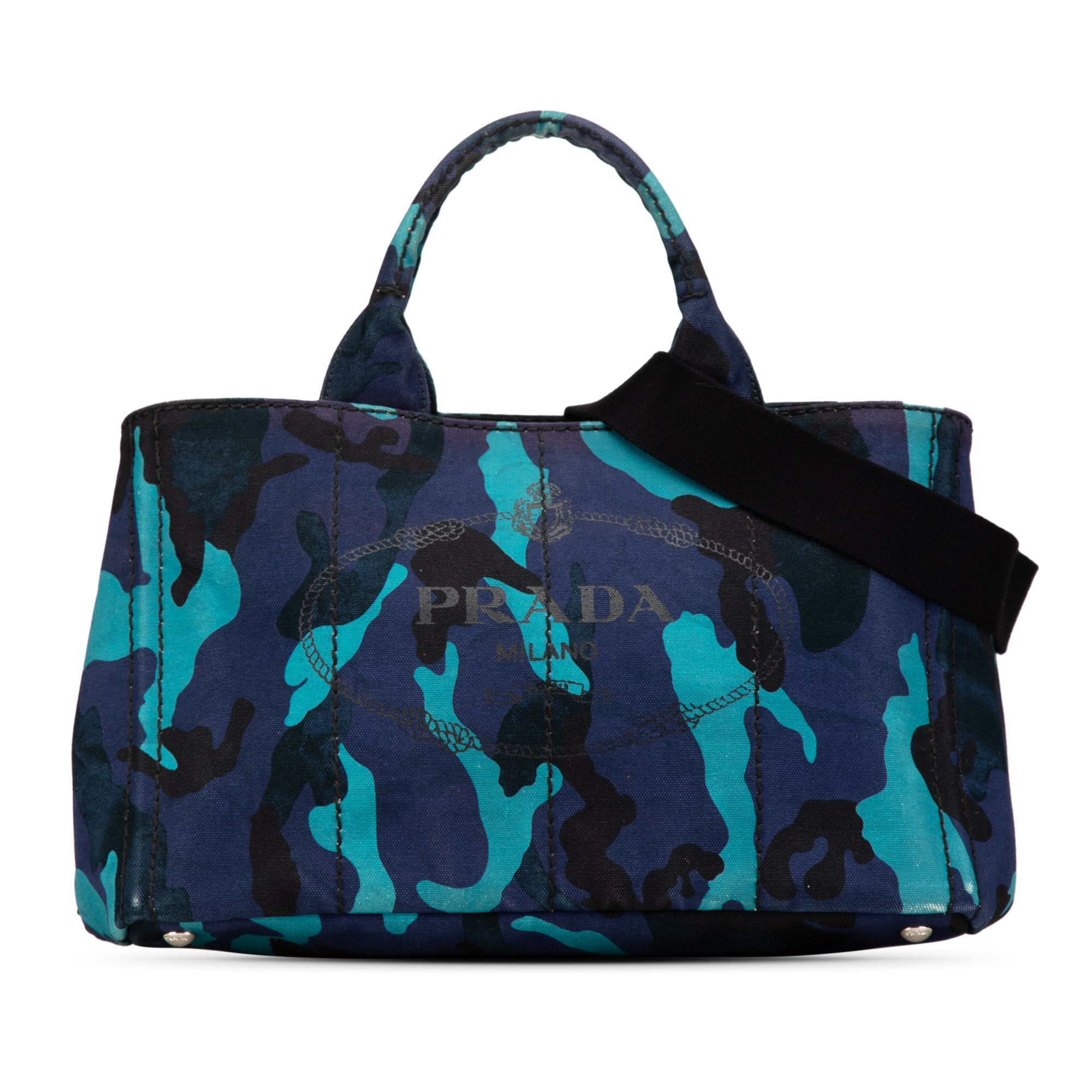 Prada | Pre-Owned Canvas Camouflage Canapa Logo Satchel | Blue/Dark Blue