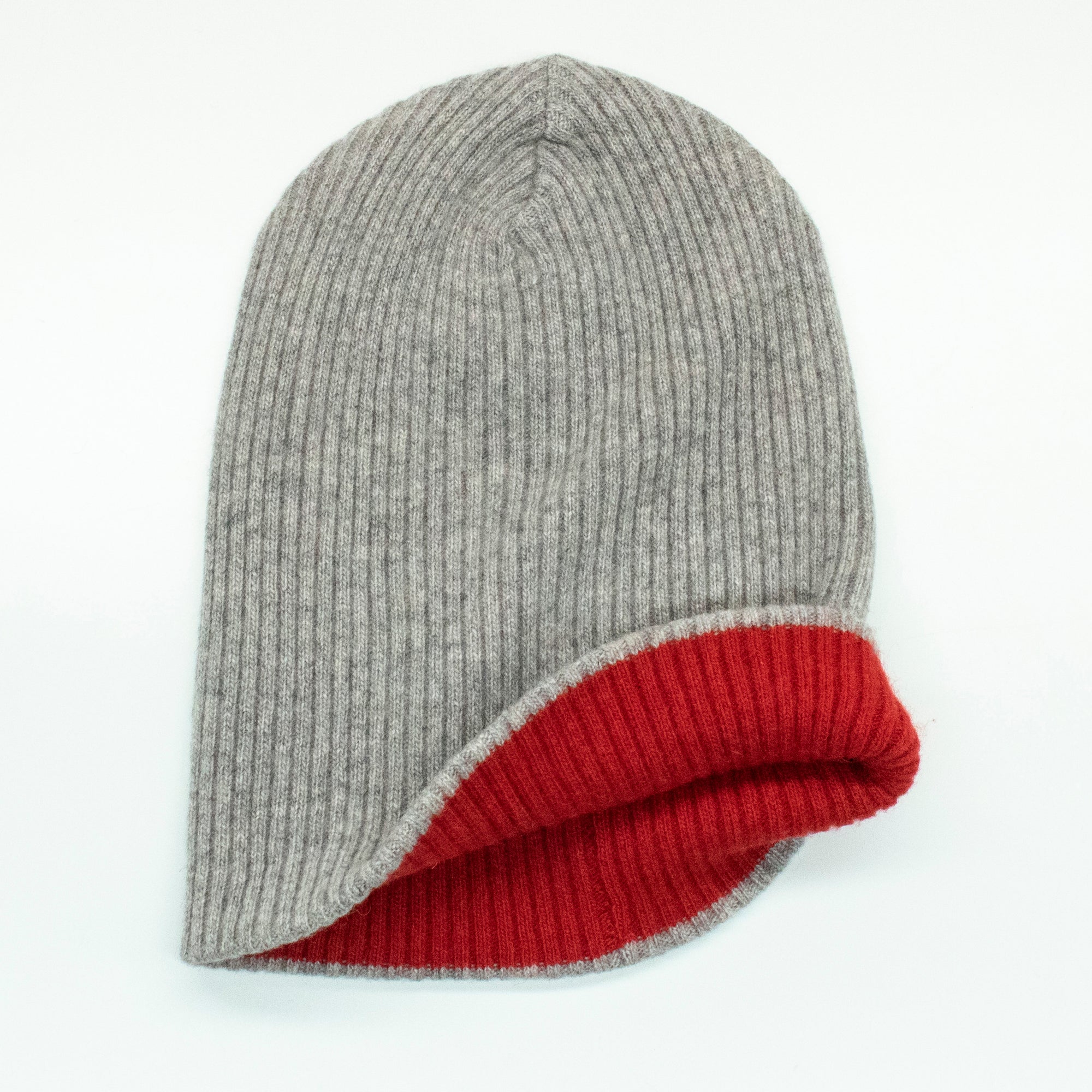 Kids | Cashmere Reversible Hat | Light Grey/Fire Red