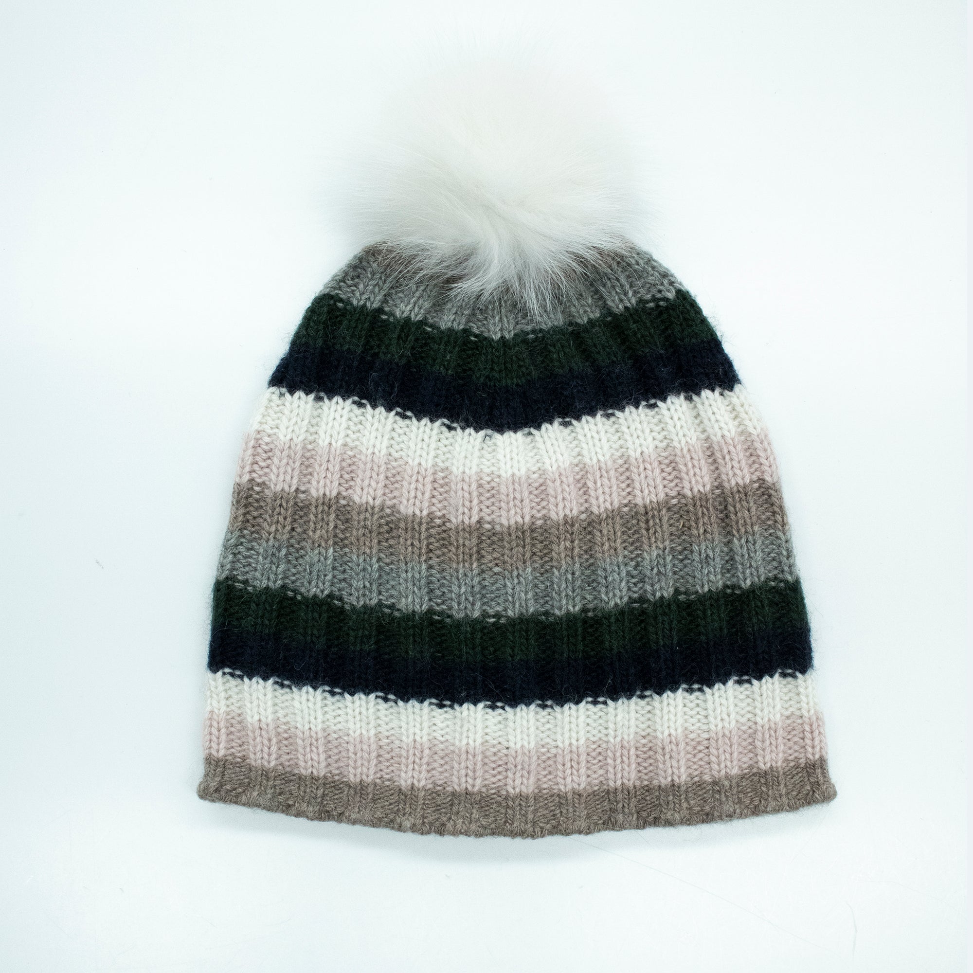 Kids | Striped Hat with Fur Pom | Grey Pink Combo