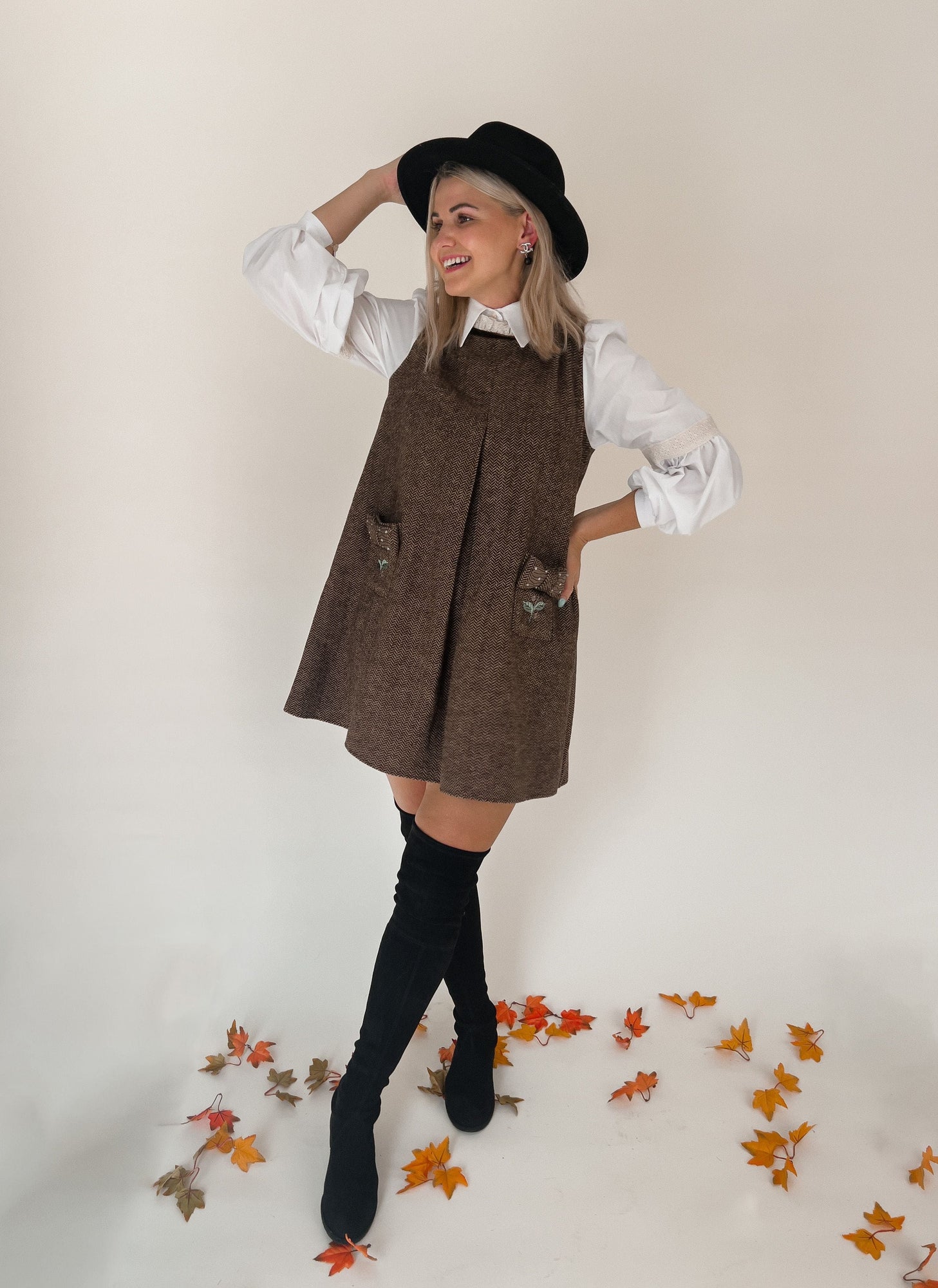 Women | Herringbone Tweed Mom Dress | Brown