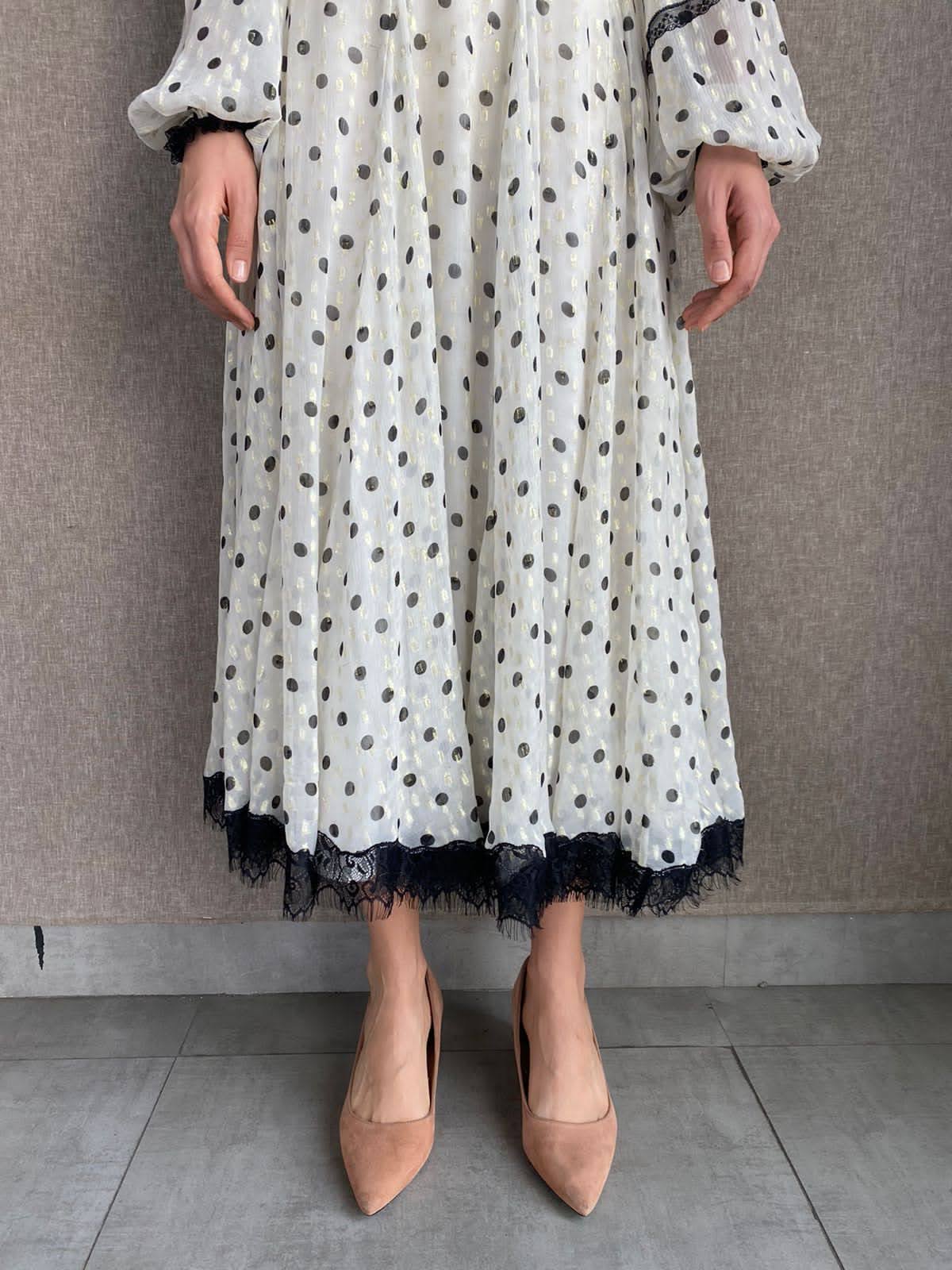Rococo Sand | Pois Long Dress | White/Black/Gold