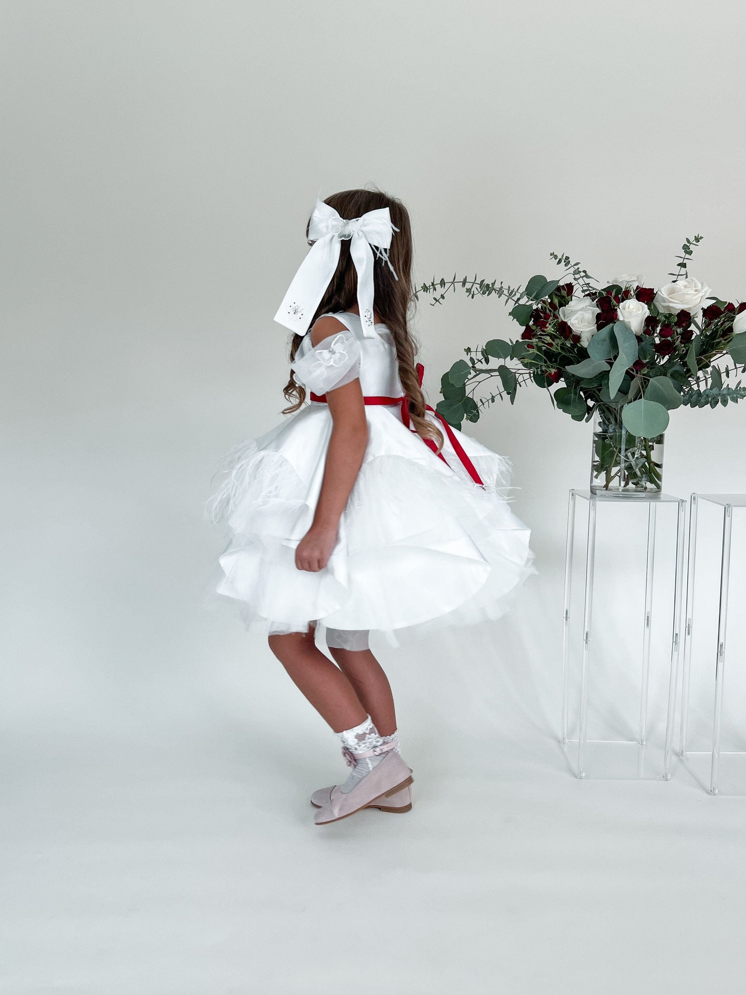 Girl | Constanza Ceremony Dress with Bow | White x Red