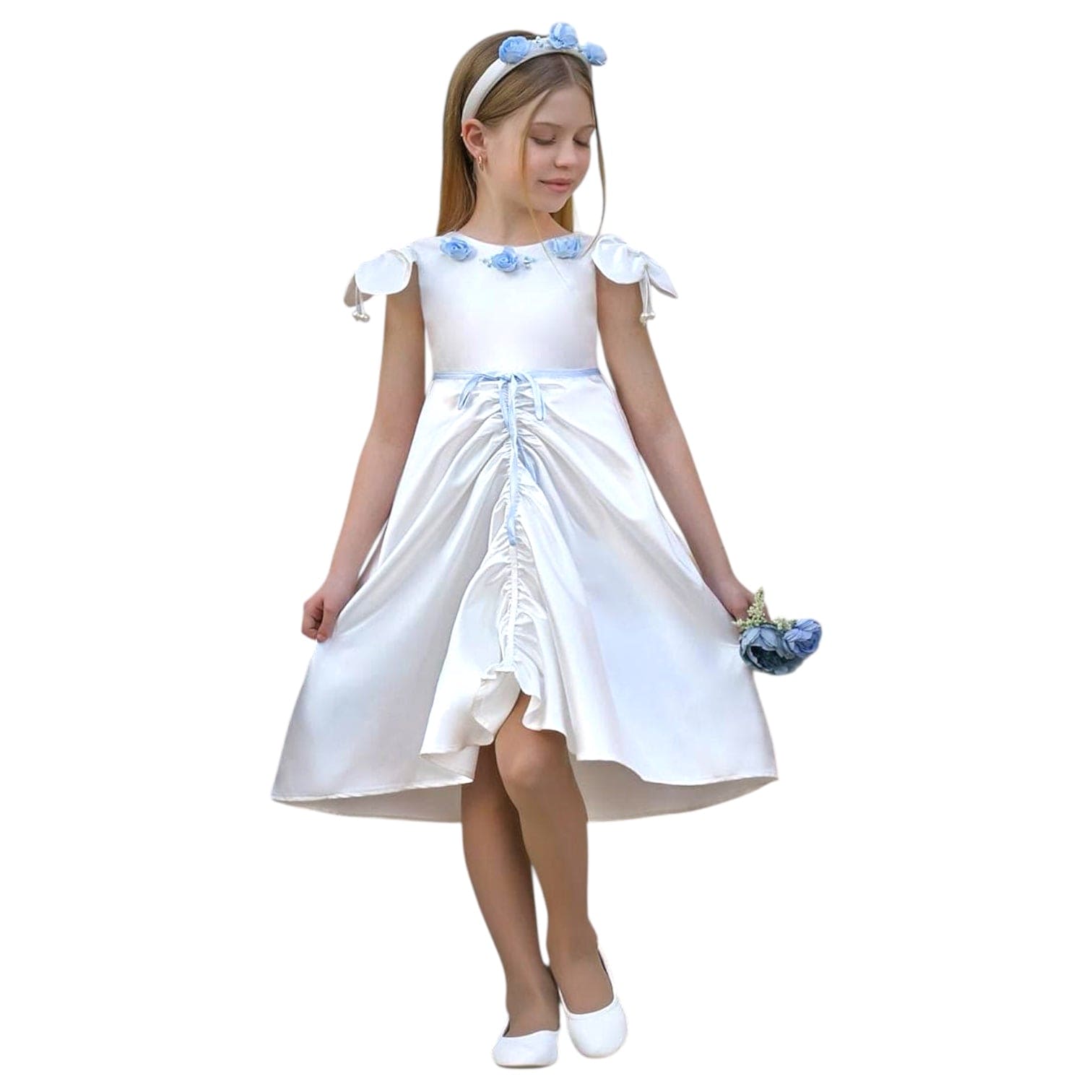 Baby Girls | Daphne Satin Dress with Embroidery | White & Blue