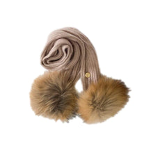 Misha Ribbed Angora Scarf Natural Fur Poms | Capuccino