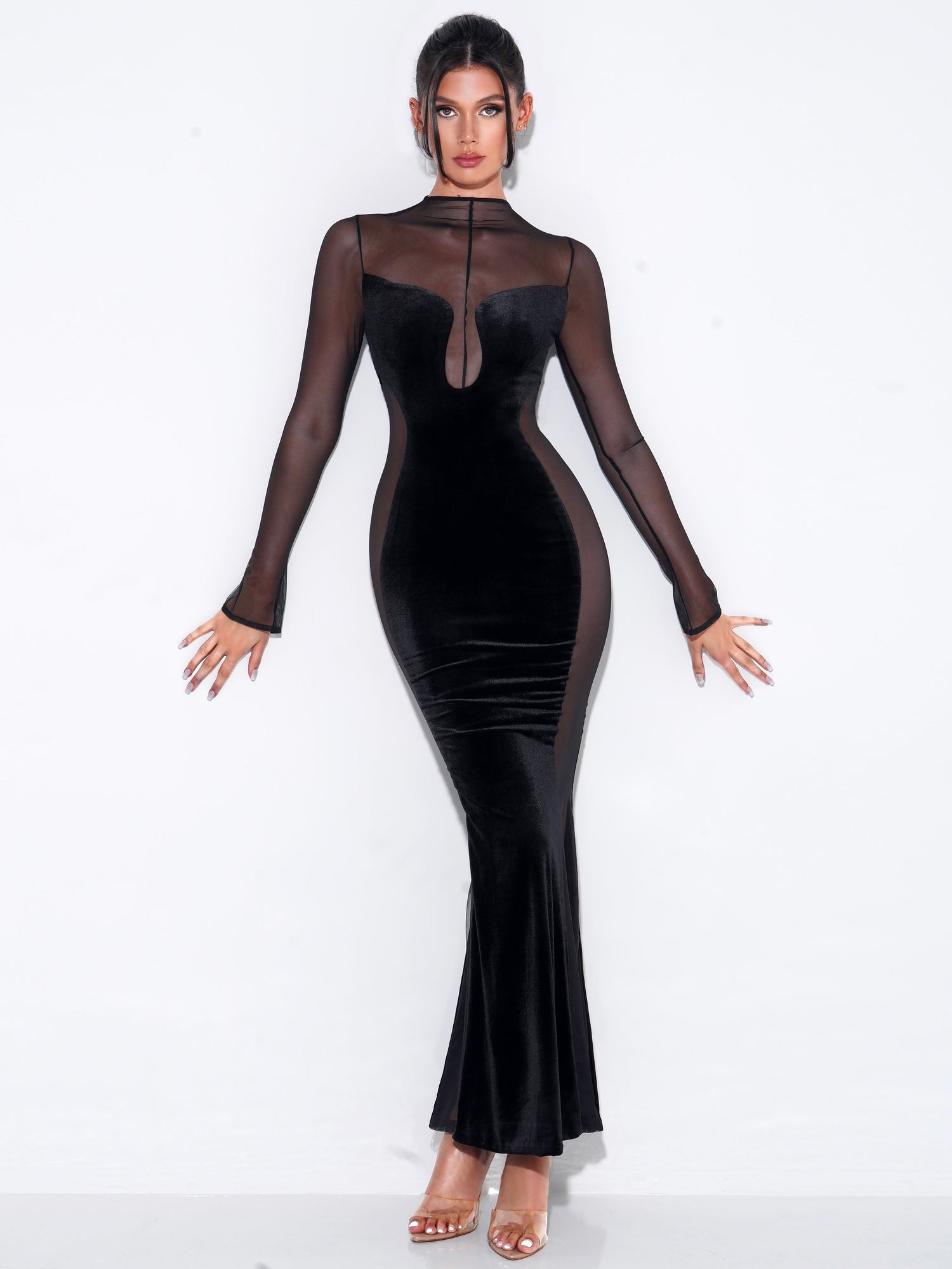 Paislee Velvet Mesh Long Sleeve Gown | Black