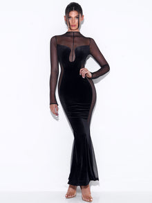 Paislee Velvet Mesh Long Sleeve Gown | Black