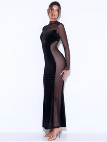 Paislee Velvet Mesh Long Sleeve Gown | Black