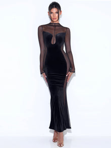 Paislee Velvet Mesh Long Sleeve Gown | Black