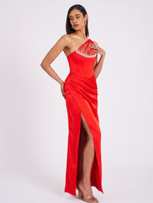 Scarlet Crystal Embellished Mesh Satin Corset Gown | Red Floral