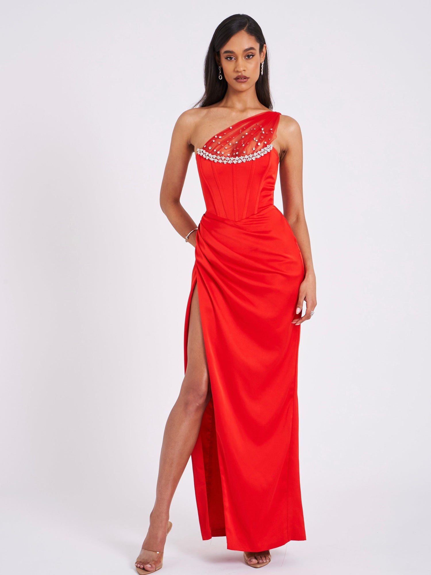 Scarlet Crystal Embellished Mesh Satin Corset Gown | Red Floral