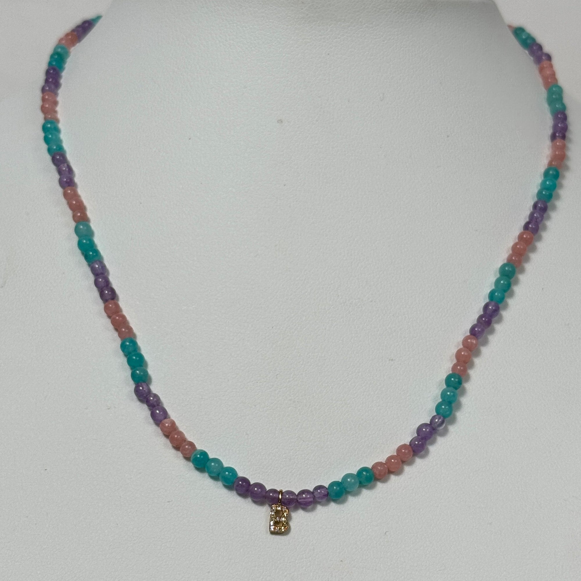 Unicorn Beaded Diamond Initial Necklace | 10K Yellow Gold | 0.03 CTW (Approx) Multicolor Diamond/Diamond/Agate/Rose Quartz/Jade Leaf/Aragonite
