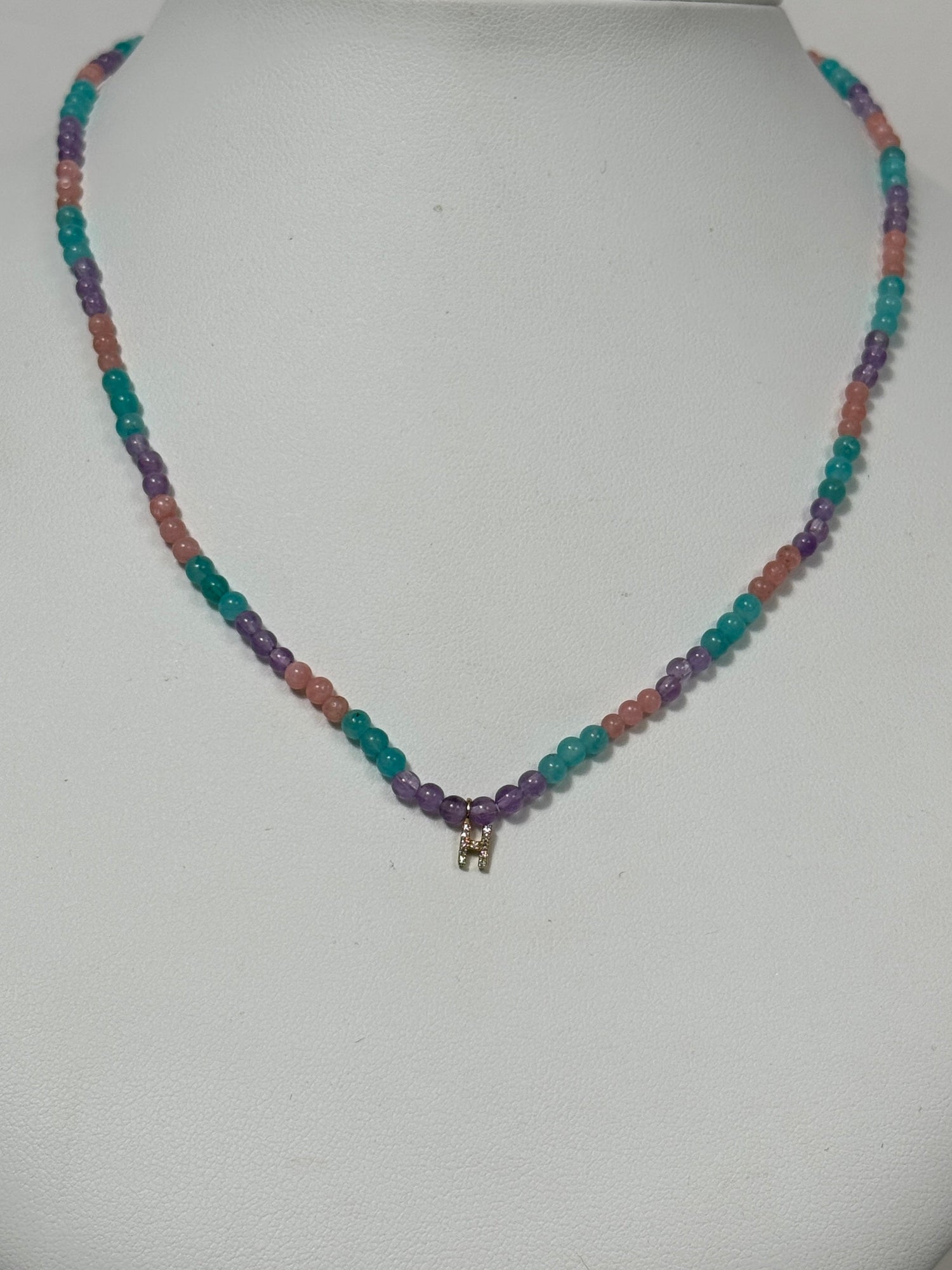 Unicorn Beaded Diamond Initial Necklace | 10K Yellow Gold | 0.03 CTW (Approx) Multicolor Diamond/Diamond/Agate/Rose Quartz/Jade Leaf/Aragonite