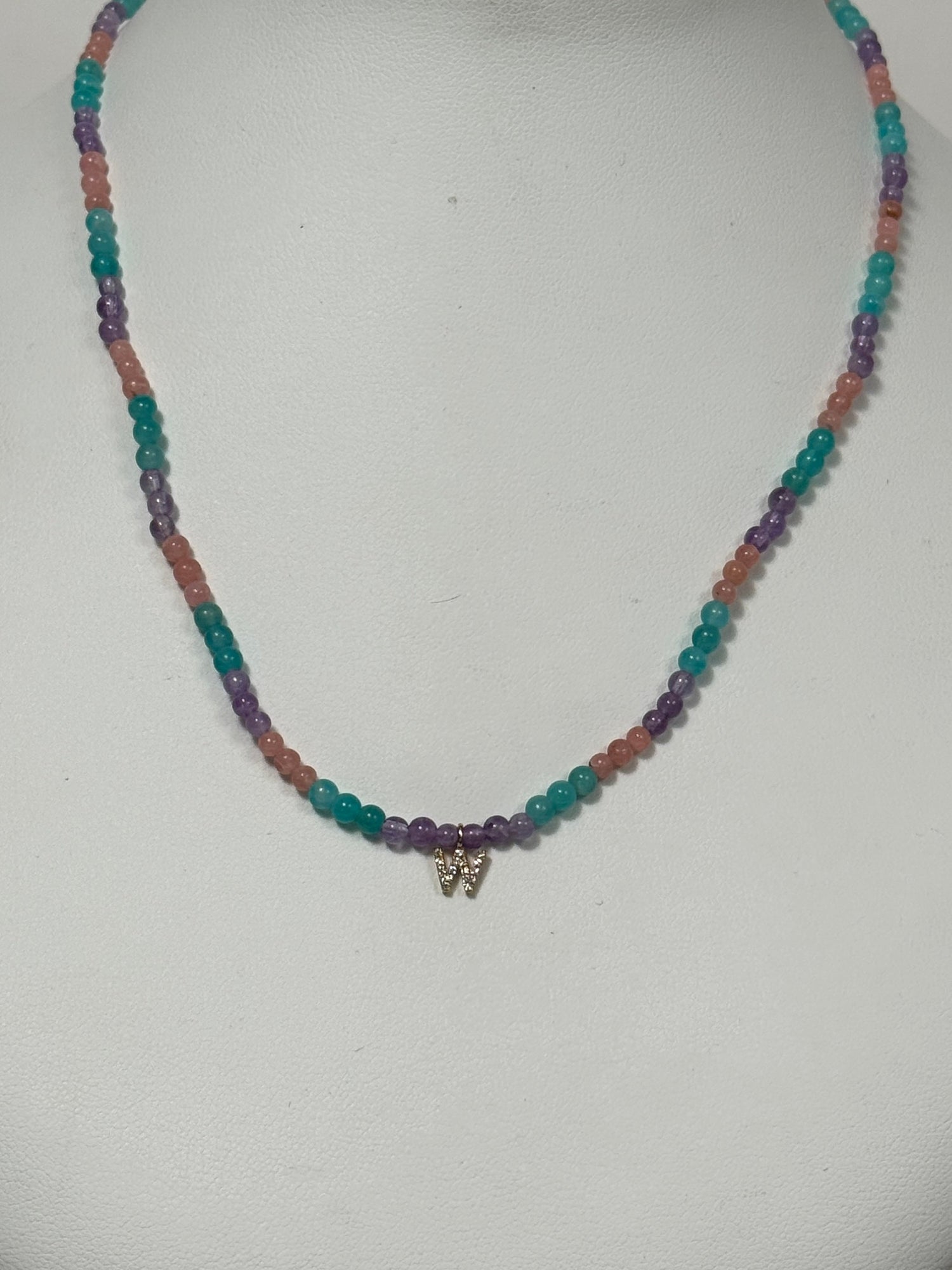 Unicorn Beaded Diamond Initial Necklace | 10K Yellow Gold | 0.03 CTW (Approx) Multicolor Diamond/Diamond/Agate/Rose Quartz/Jade Leaf/Aragonite
