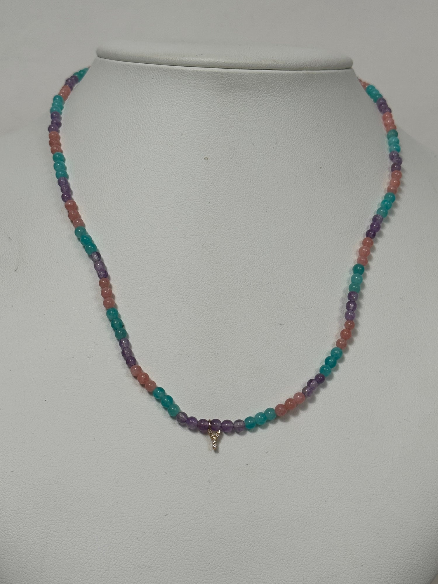 Unicorn Beaded Diamond Initial Necklace | 10K Yellow Gold | 0.03 CTW (Approx) Multicolor Diamond/Diamond/Agate/Rose Quartz/Jade Leaf/Aragonite