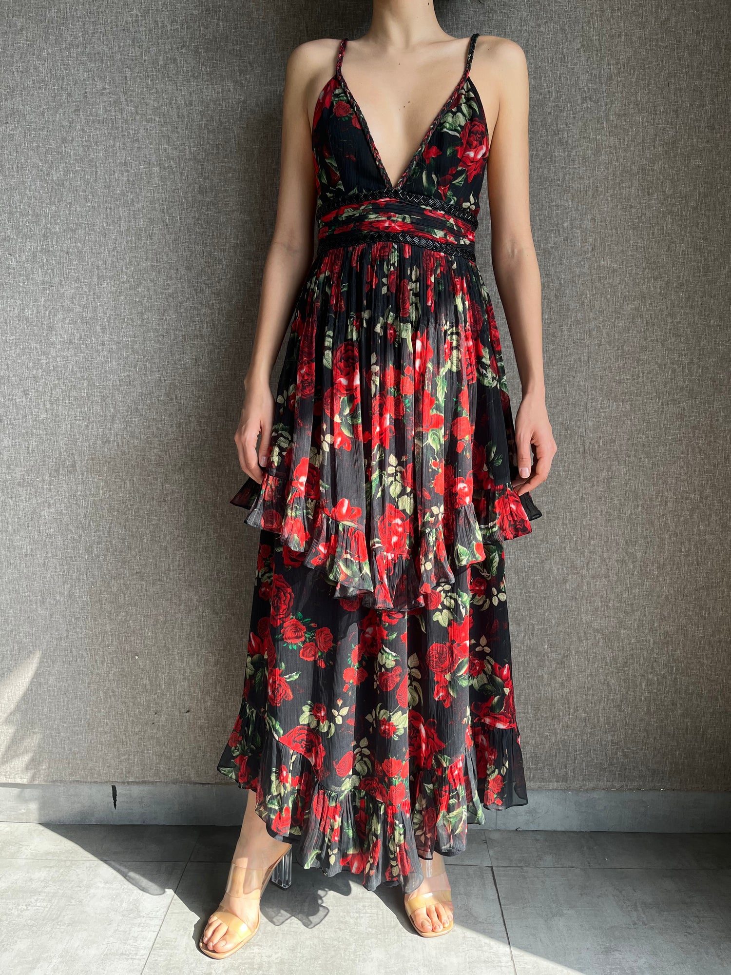 Rococo Sand | Rosie Long Dress | Black w/Red Roses
