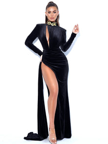 Zenaida Cutout High Slit Velvet Gown | Black