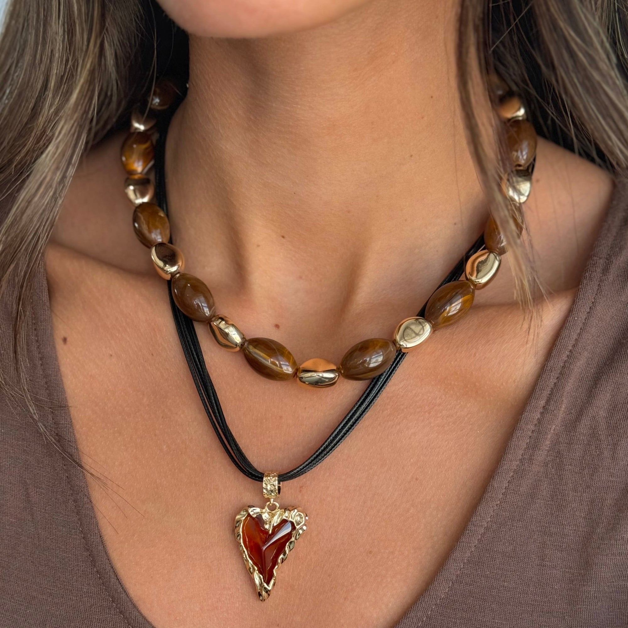 Amber Heart Curved Rope Necklace - Adina's Jewels