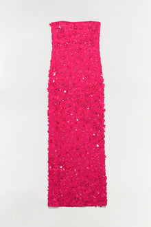 Hot pink strapless gown covered in sequin and beaded embellishments throughout.