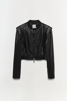 Black leather bomber jacket with ribbed collar, cuffs, and hem, featuring a front zip closure and seamed shoulders.