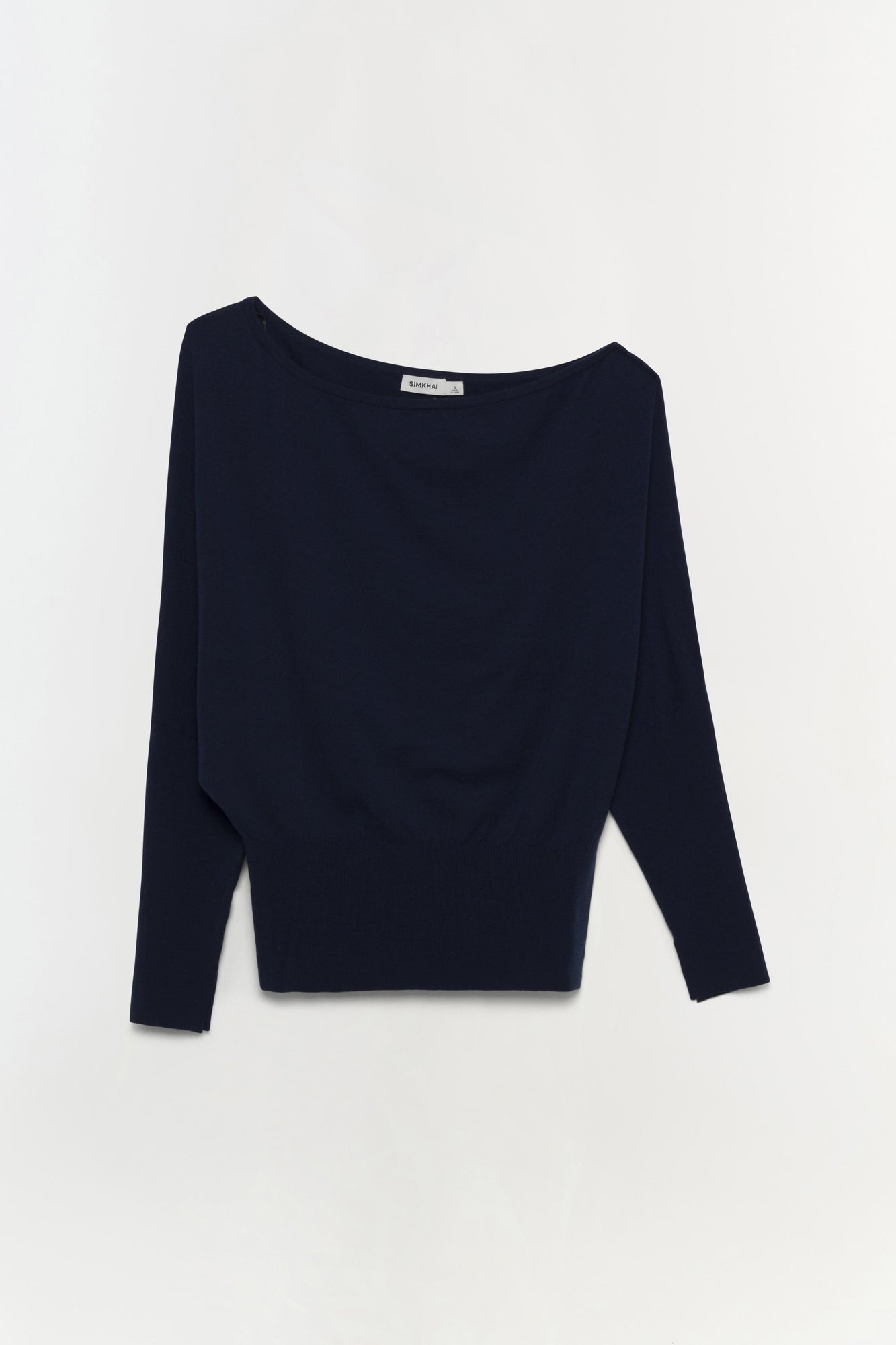 Navy blue long-sleeve sweater with wide boat neckline and draped fabric detail.