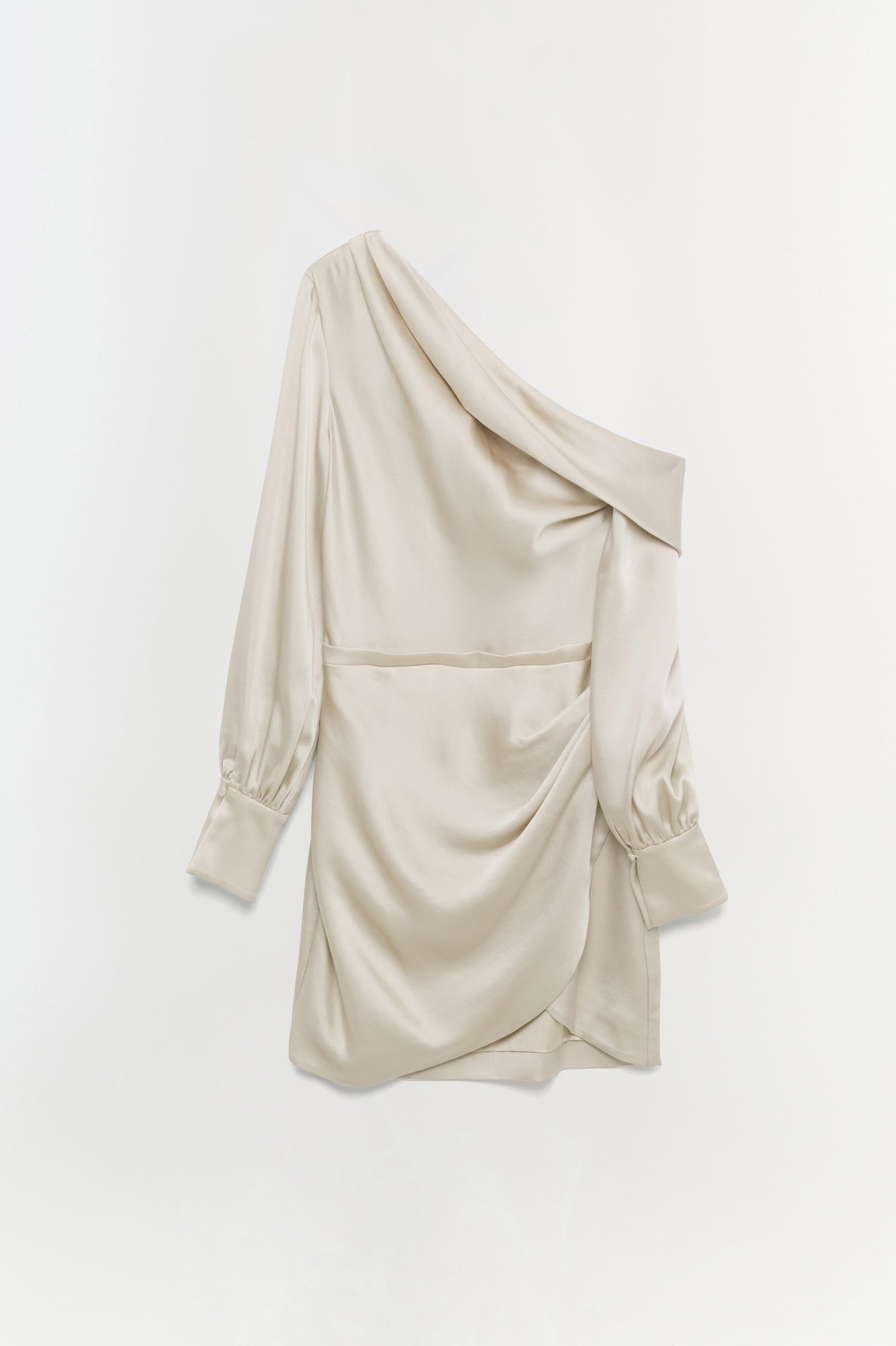 Cream-colored off-shoulder dress with draped neckline, long puffed sleeves, and ruched skirt detail.